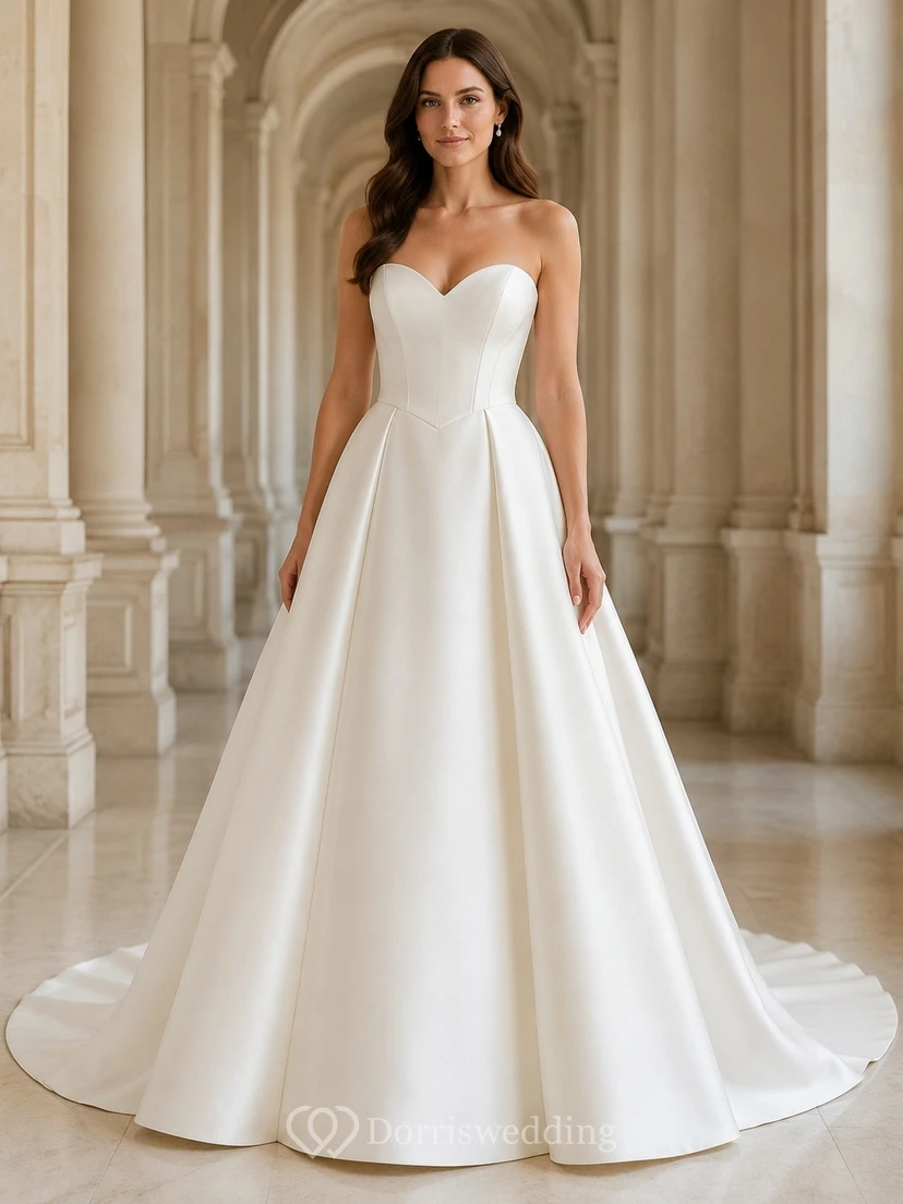 Vestido de novia clásico de satén con cola larga para ceremonia.