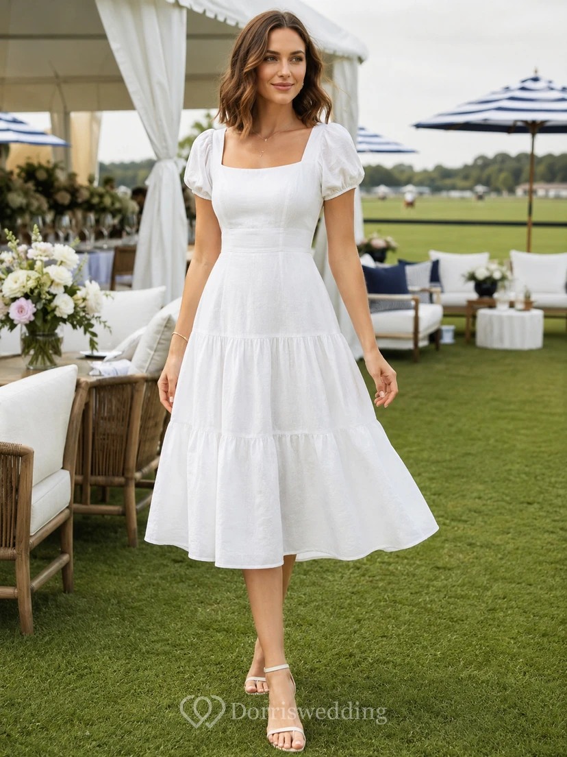 Robe polo midi blanche à col carré et manches bouffantes à volants