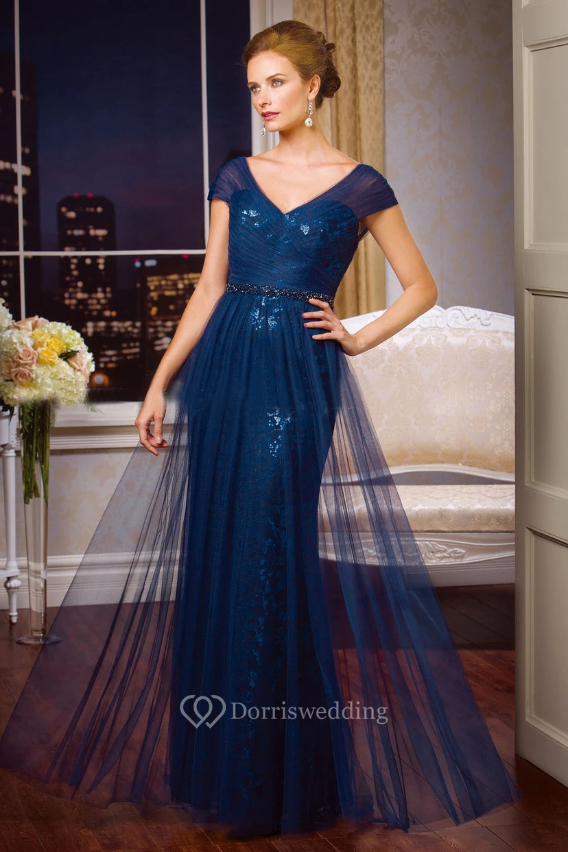 Langes, ärmelloses Brautmutterkleid mit V-Ausschnitt, Pailletten und Tüllüberzug
