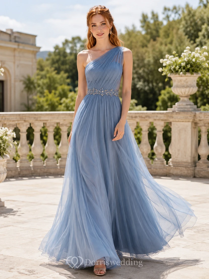 Sky Blue V-Neck Tulle A-Line Formal Dress