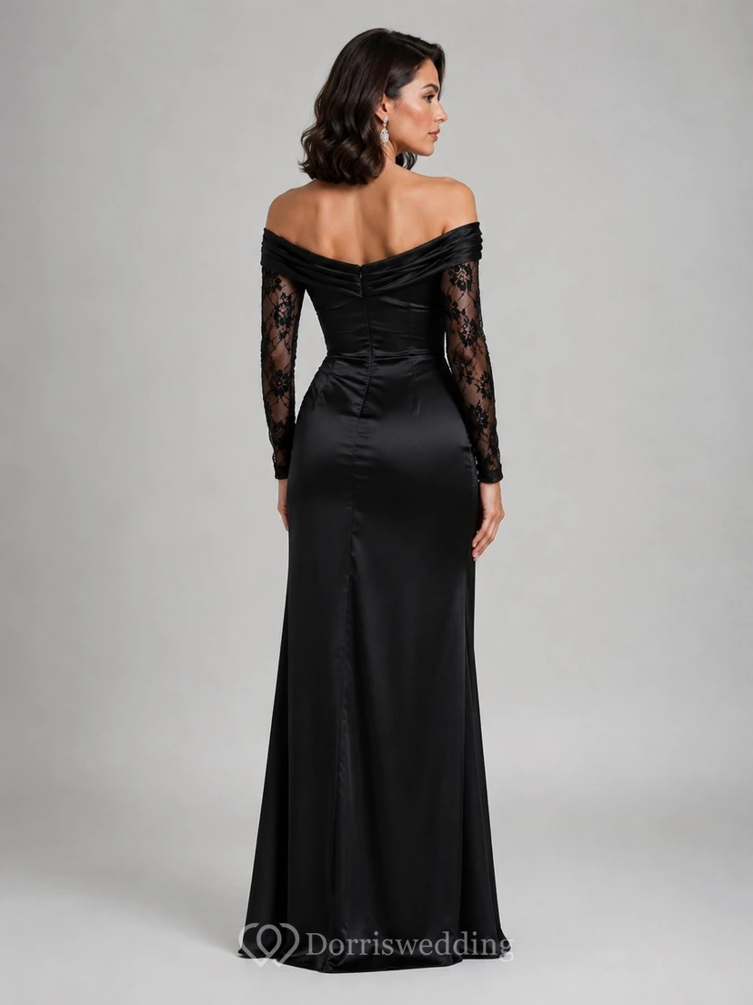 Black Off Shoulder Long Sleeve Ruched Bodycon Formal Evening Dress view 2
