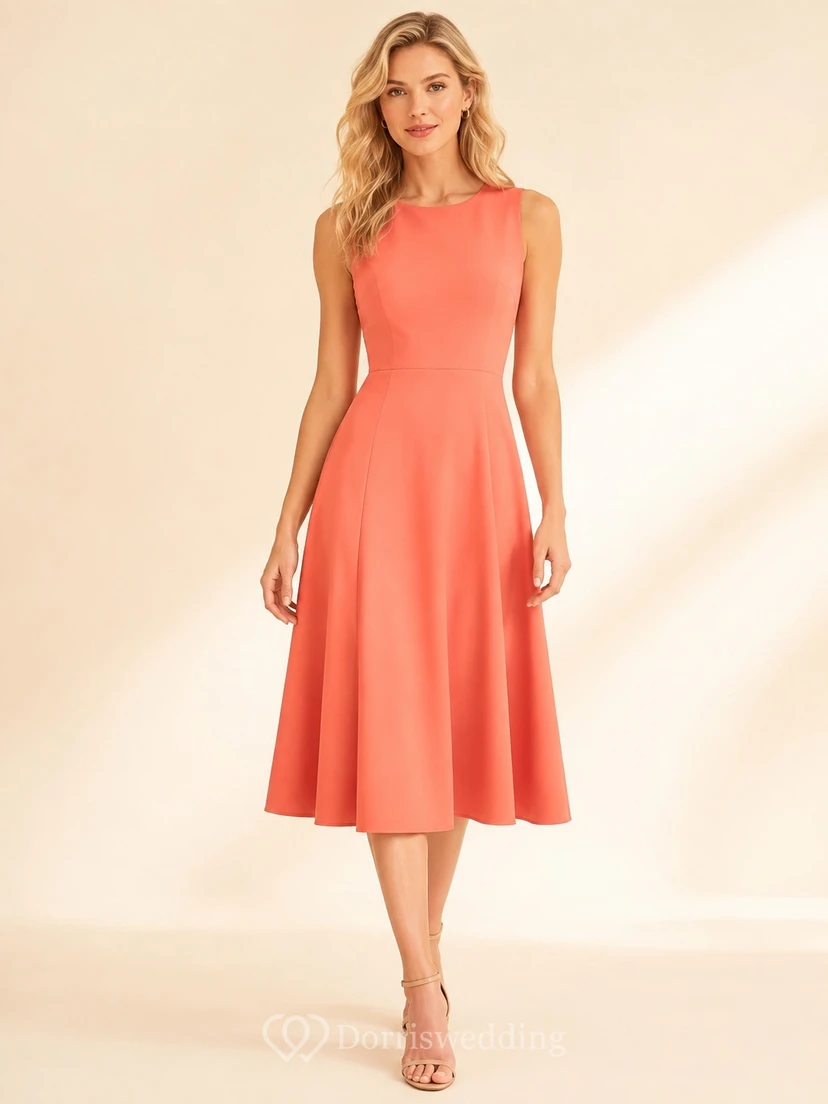 Robe mi-longue plissée sans manches en satin corail à col rond et col rond plissé