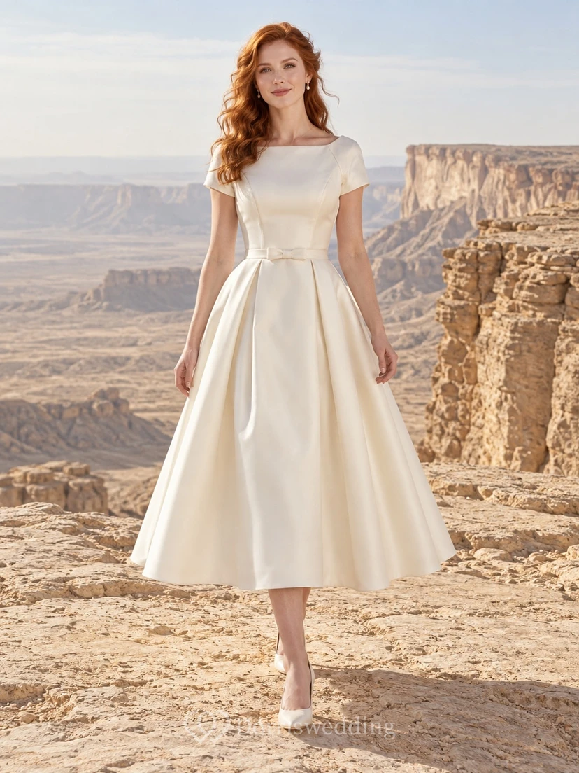 Tea Length Simple Modest Bateau Short Sleeve Satin Pleated Wedding Dress