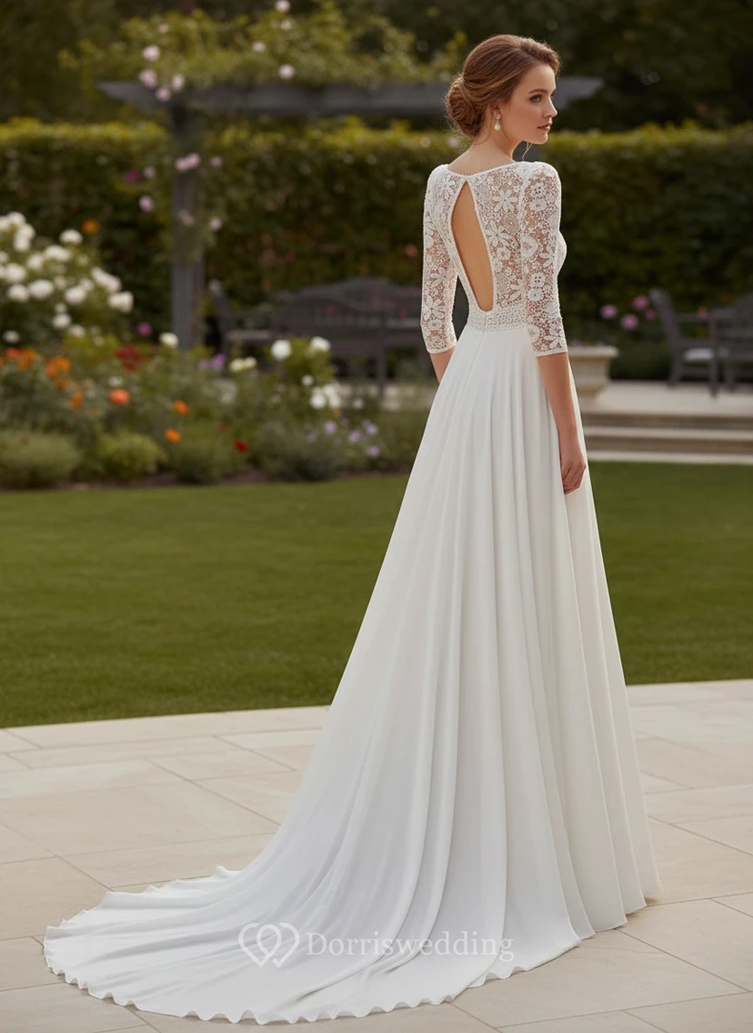 Modest Square Neck 3/4 Lace Sleeve A-Line Wedding Dress Vintage Style Chiffon Bridal Gown view 2