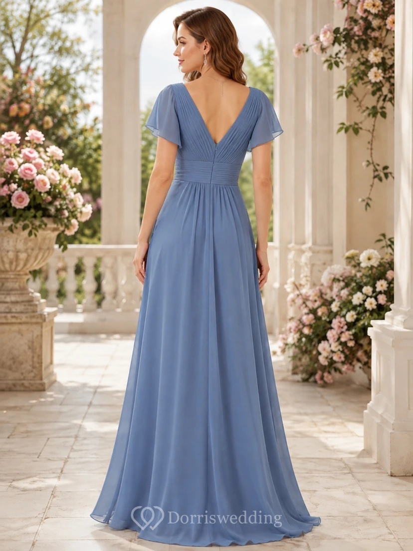 Slate Blue Chiffon Short Sleeve A-Line V-Neck Floor Length Bridesmaid Gown view 2