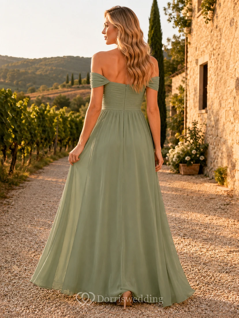 Sage Estate Vineyard Wedding Guest Bridesmaid Evening Formal Dress A-Line Floor-Length Off-Shoulder Sleeveless Chiffon Leg Slit Zipper Back view 2