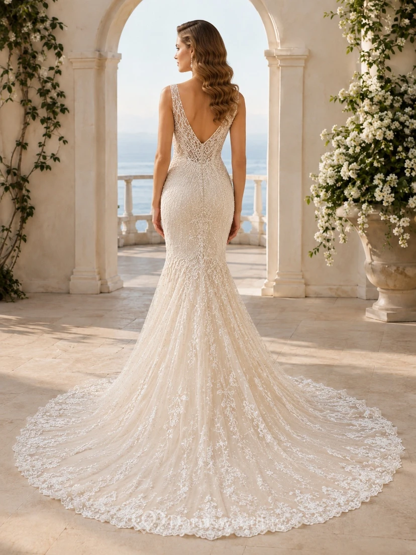 Vestido de novia de encaje con escote en V, corte sirena, cola catedral y detalles ornamentales para la ceremonia. view 2