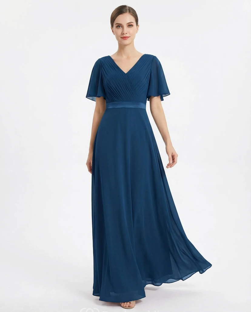 V-Neck Short Sleeve Chiffon Prom Mother Dress