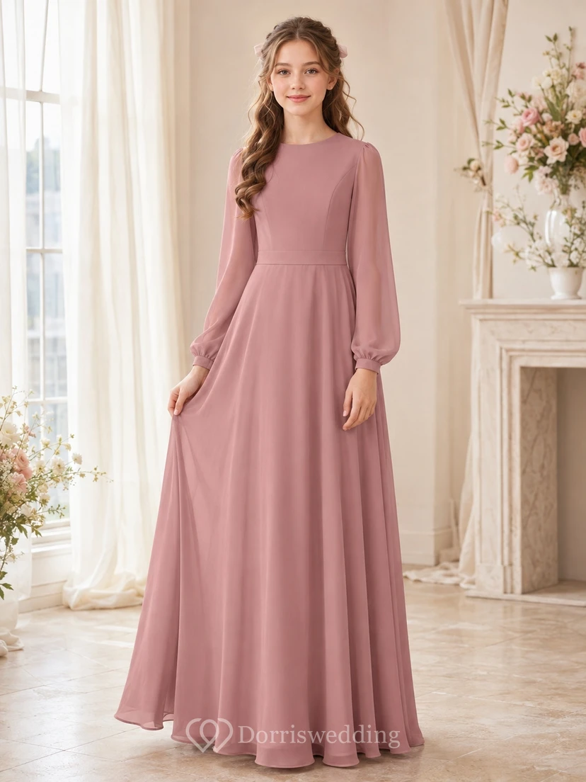 Brautjungfernkleid in Altrosa, A-Linie, mit Strasssteinen, langen Ärmeln, Chiffon, schlicht