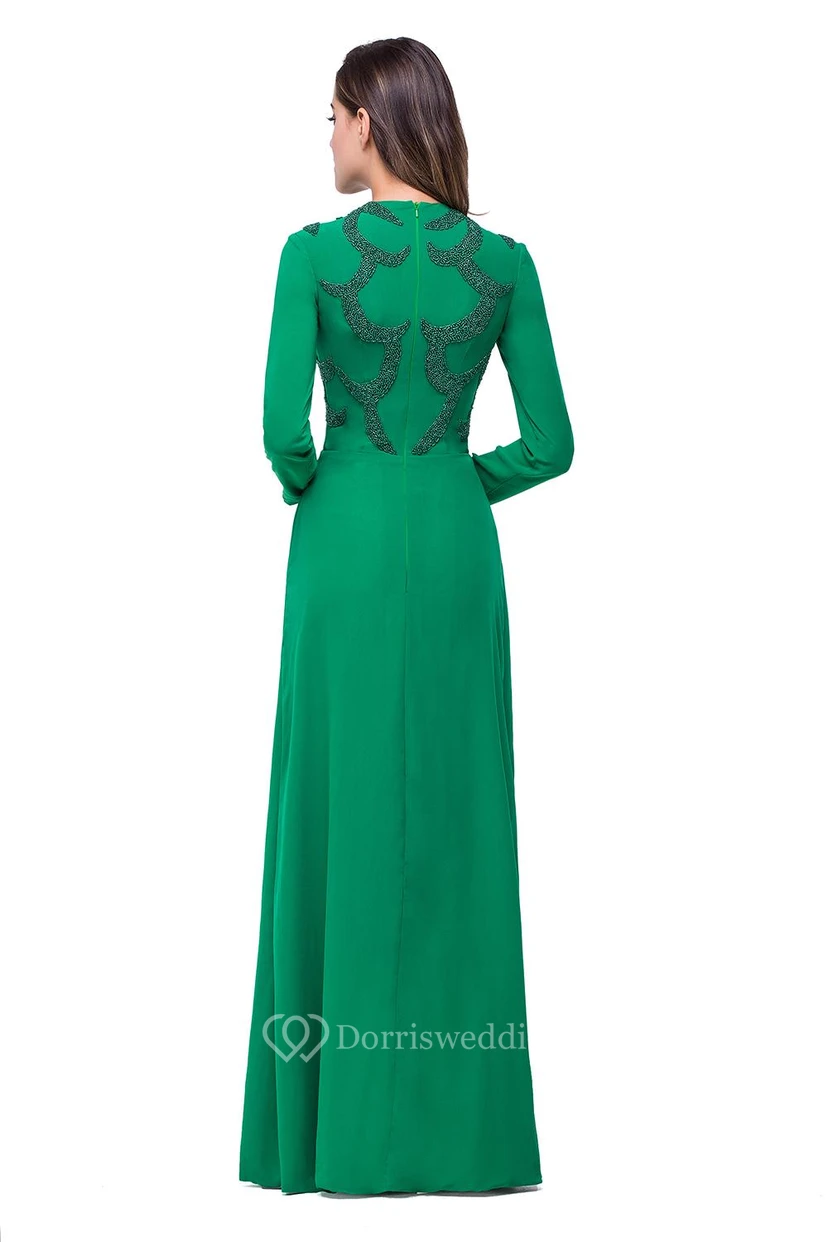 Elegant Green Long Sleeve Beadings Evening Dress Long Chiffon Party Gowns view 5