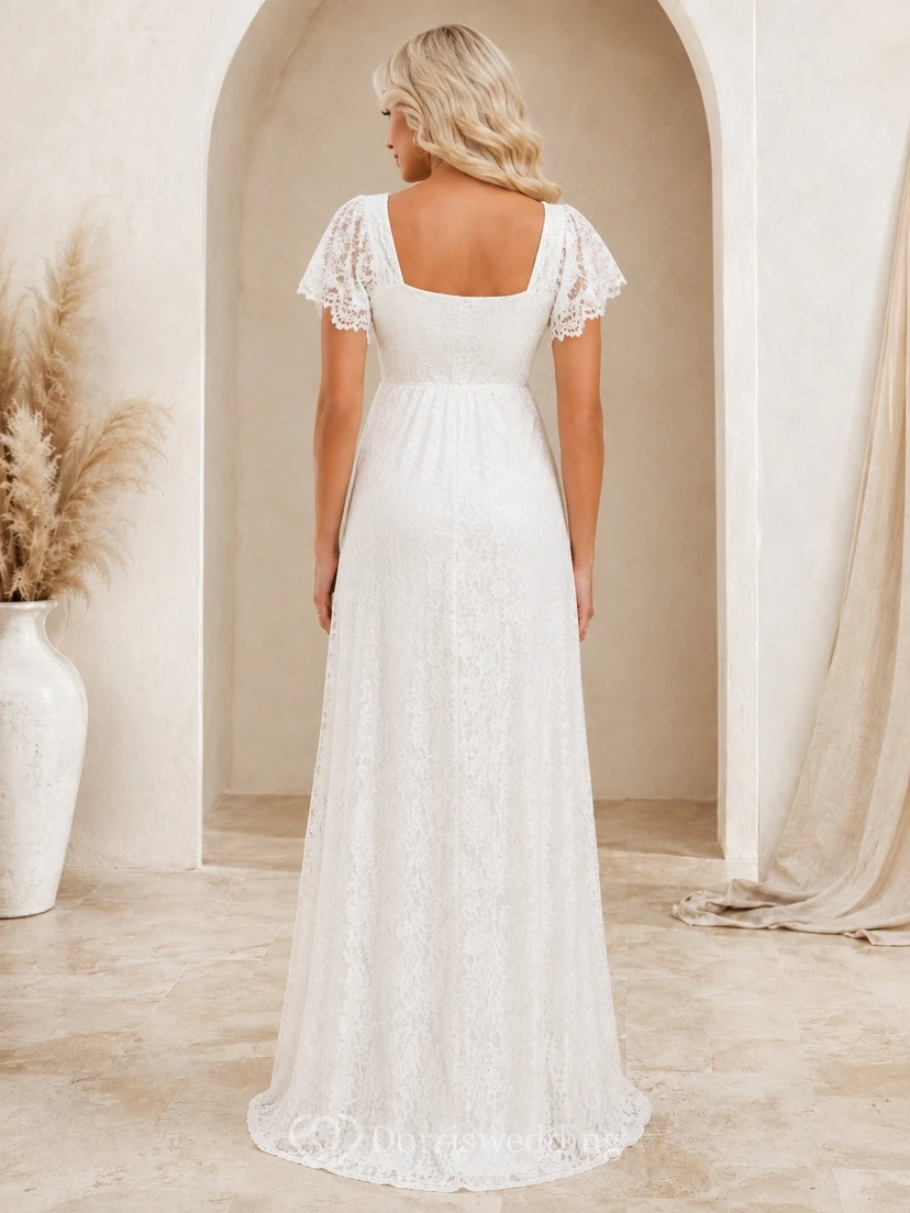 Lace Square-Neck Short-Sleeve A-Line Bridal Maternity Wedding Dress view 2