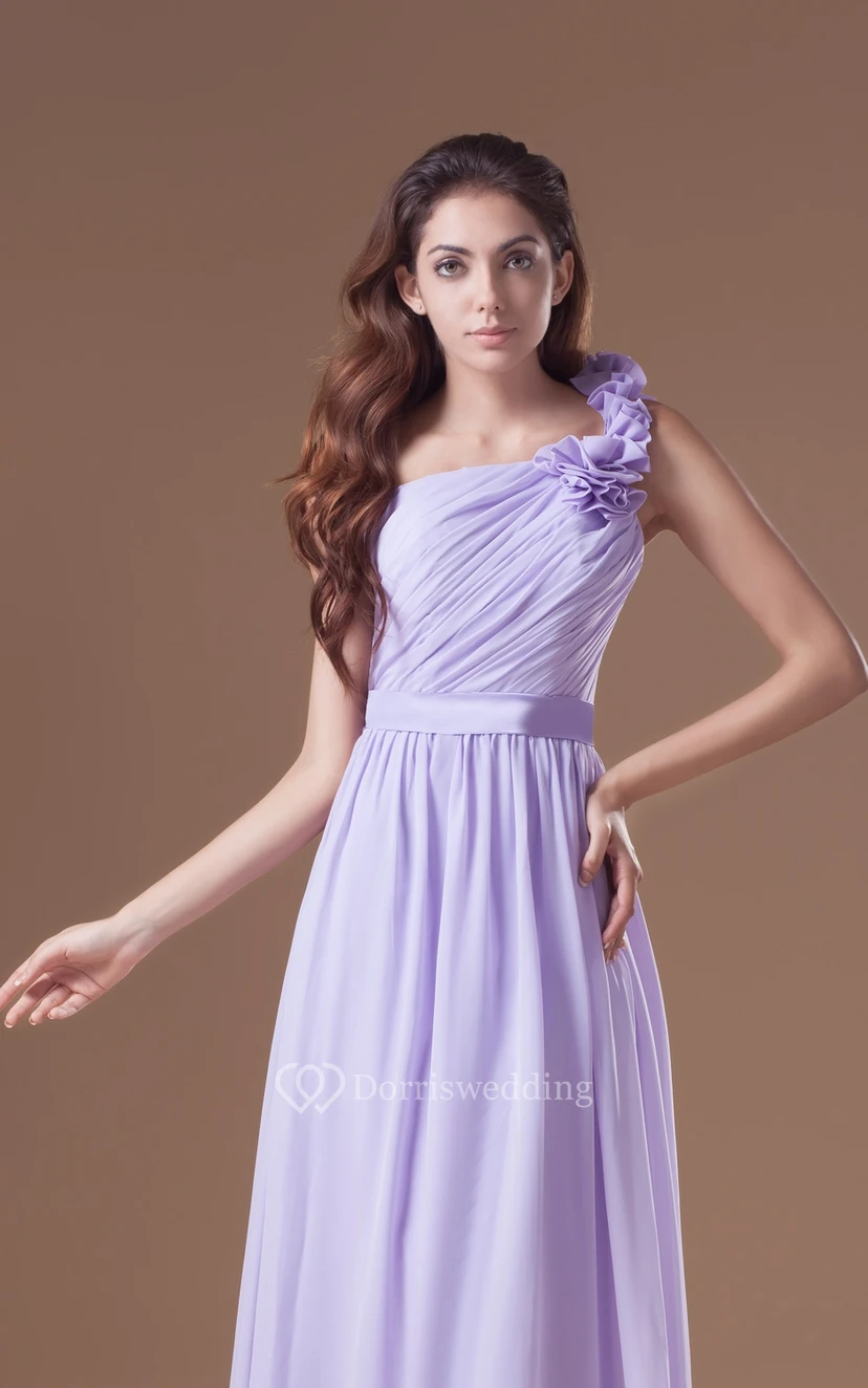 Ruched Floor-Length Chiffon Dress With Floral Strap view 2