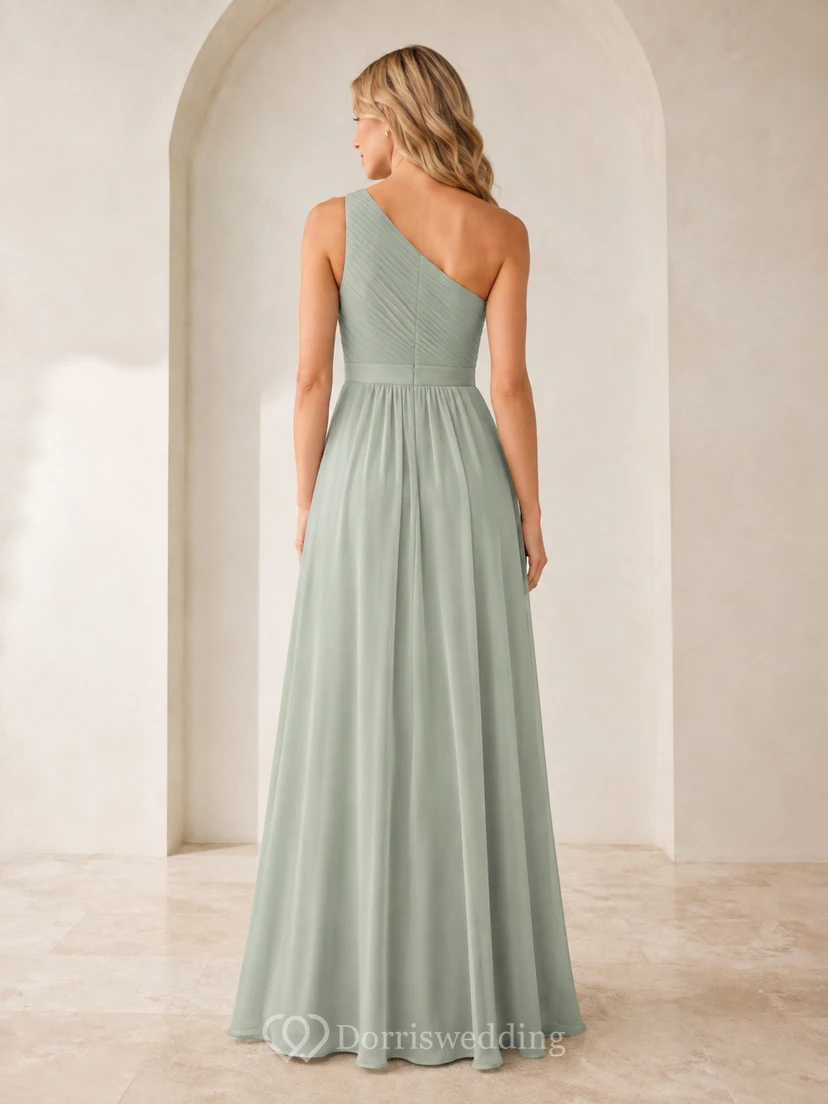 Elegante vestido de noche de dama de honor de gasa color celadón, sin mangas, con un solo hombro y corte en A, largo hasta el suelo. view 2