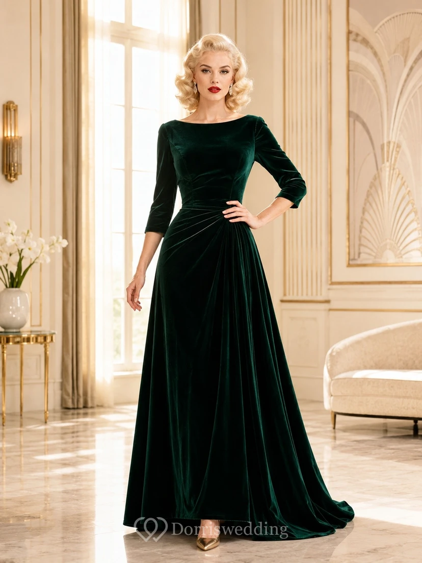 Vintage Dark Green Velvet High Neck Long Sleeve A Line Gown