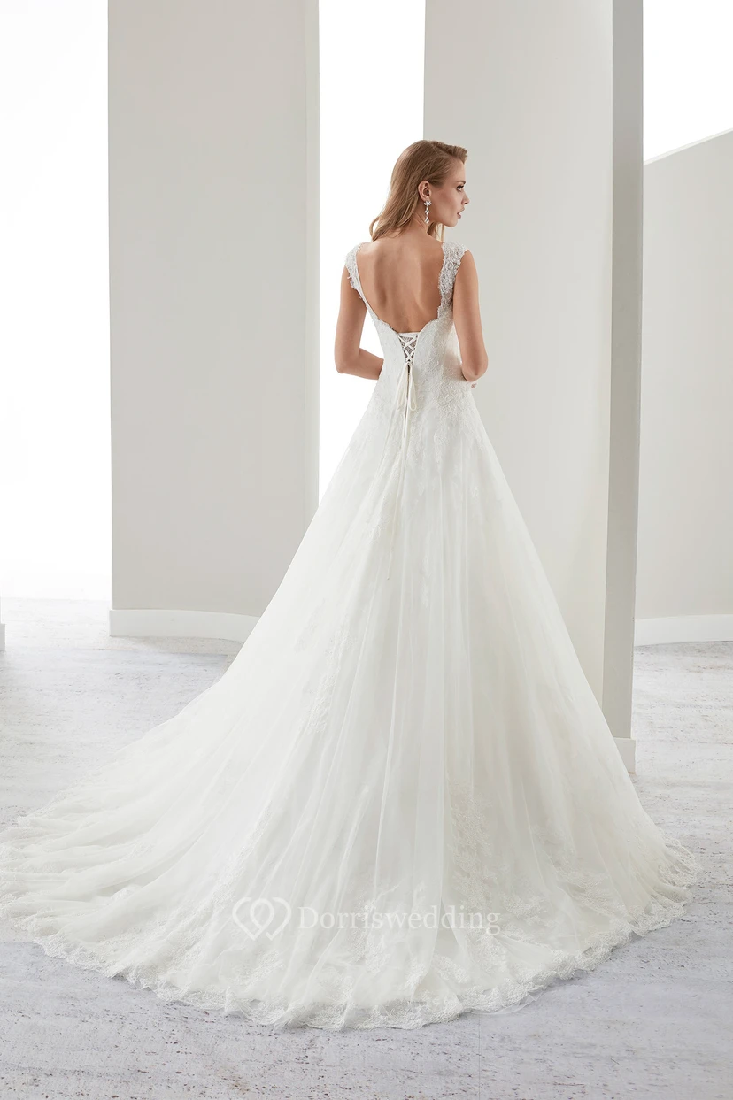 Sweetheart A-Line Lace Bridal Gown With Appliques Straps And Lace-Up Back view 2