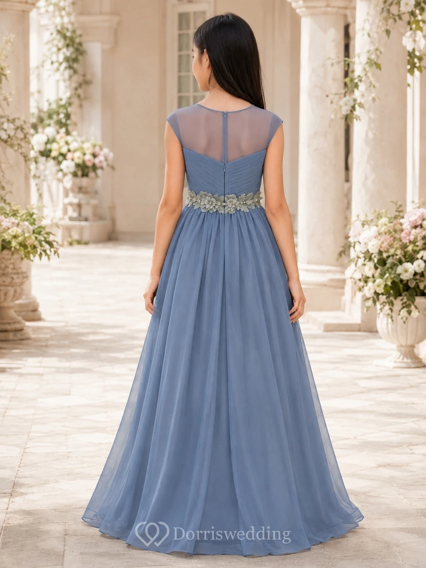 Schieferblaues Brautjungfernkleid im A-Linien-Schnitt mit herzförmigem Ausschnitt und kurzen Ärmeln aus Tüll – romantisch view 2