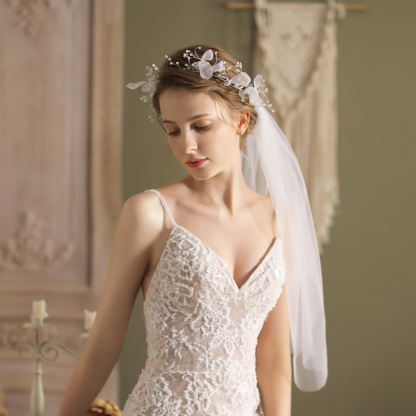 Soft Bridal Veil with Flower Headband view 2