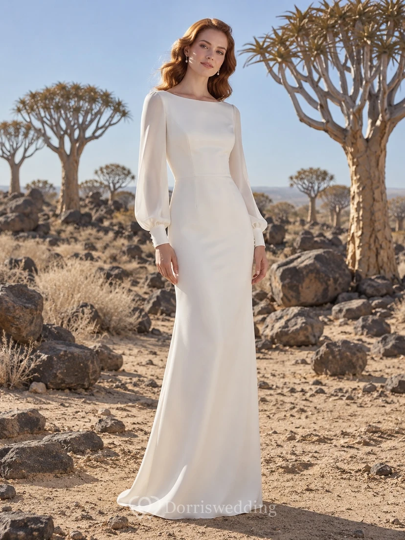 Vestido de novia sencillo, modesto, de manga larga, de satén y gasa, estilo tubo, largo hasta el suelo.