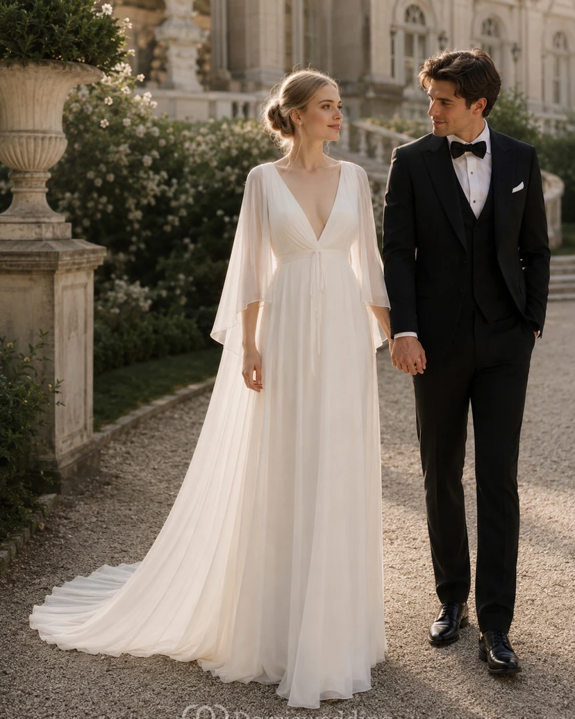 Brautkleid im griechischen Stil aus Chiffon mit tiefem Ausschnitt, langen Ärmeln und Watteau-Schleppe im Fairy Empire-Stil. view 4