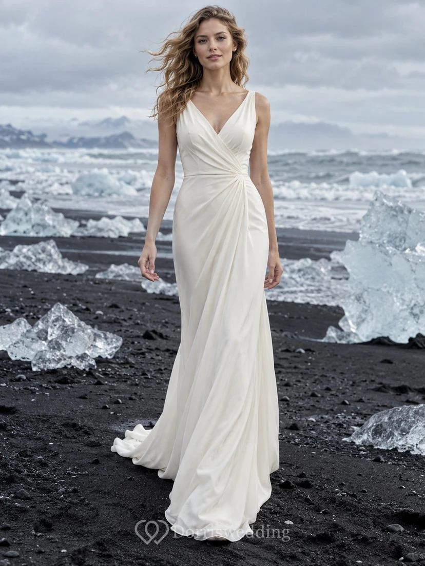 Vestido de novia sencillo sin mangas de georgette, de corte recto, con escote en V cruzado y drapeado lateral.
