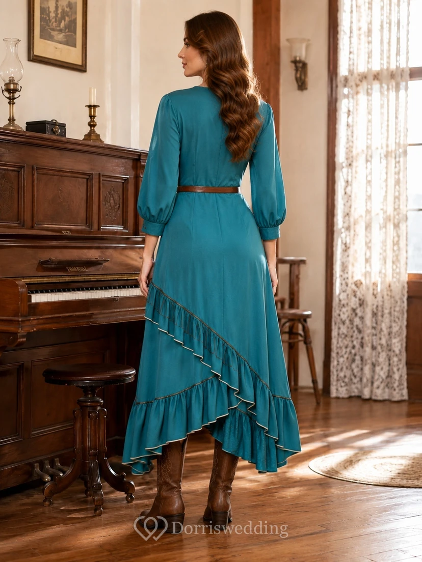 Turquoise Western V-neck Poet Sleeve Asymmetrical A-Line Midi Guest Dress view 2
