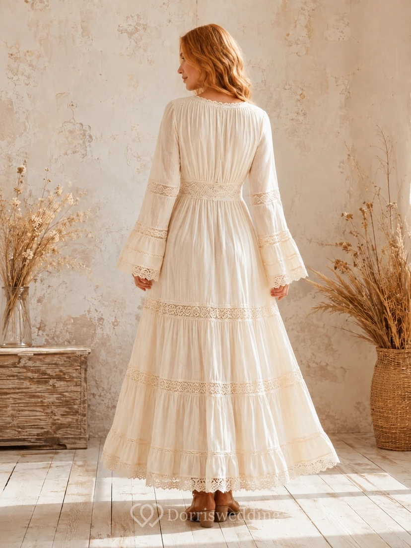 Ivory V-Neck Long-Sleeve Tiered Tulle A-Line Floor-Length Vintage Dress view 2