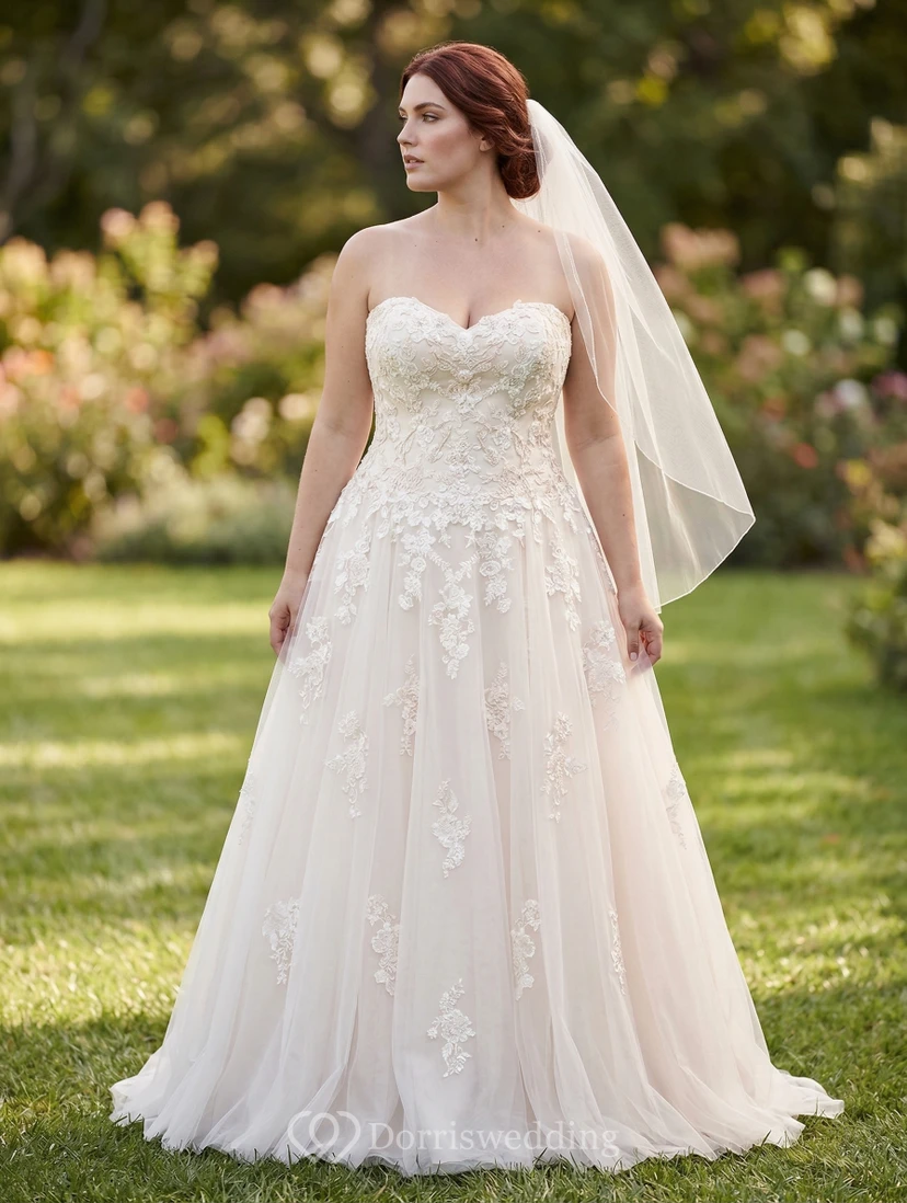Plus Size Strapless Sweetheart Lace Tulle A-Line Wedding Dress
