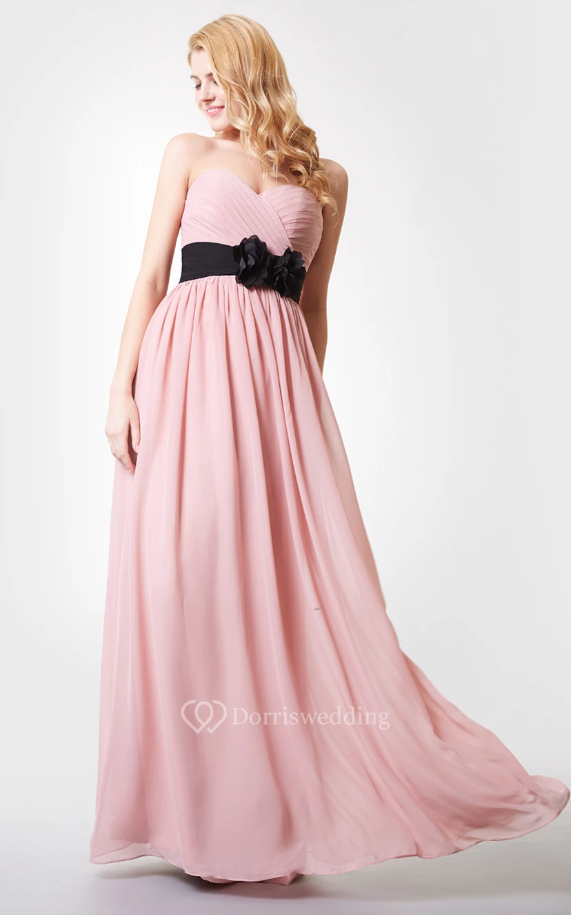 Sweetheart Ruched Floral Backless A-line Long Chiffon Dress view 2