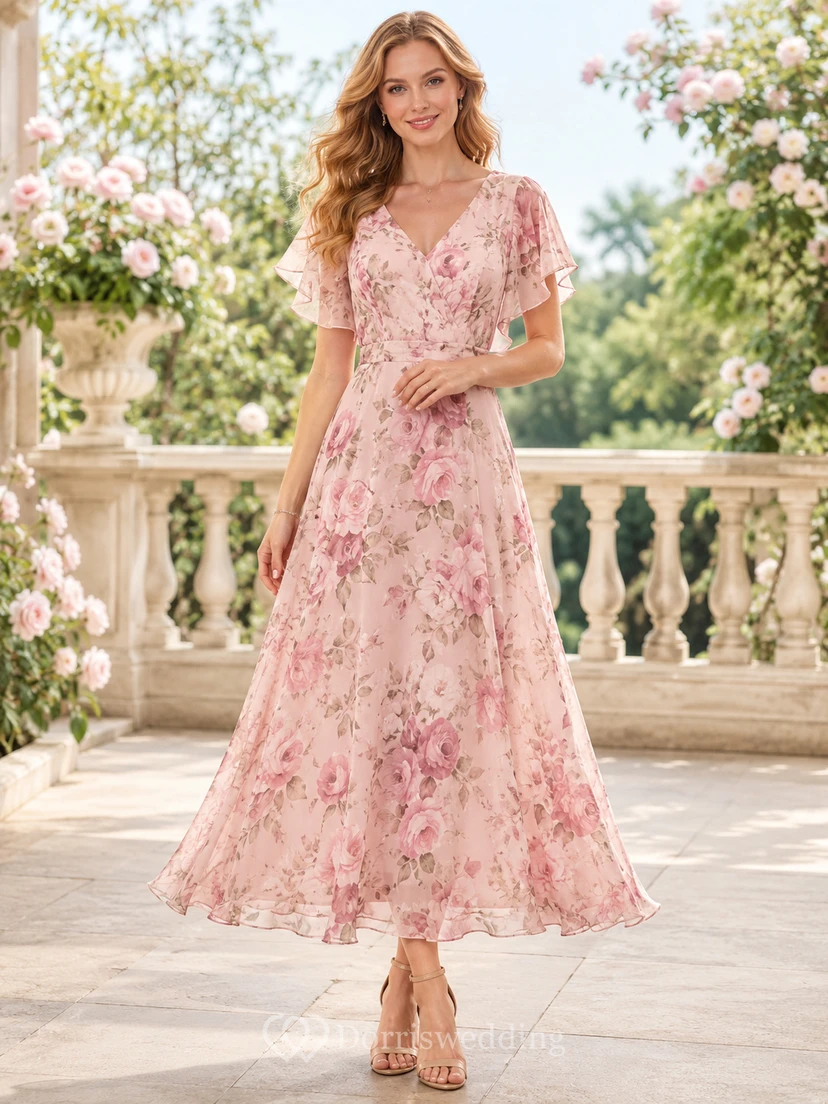 Vestido de gasa rosa pálido con estampado floral, manga corta y corte en A.