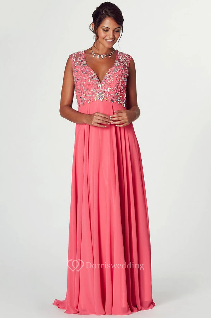 V-Neck Crystal Cap Sleeve Chiffon Prom Dress With Keyhole