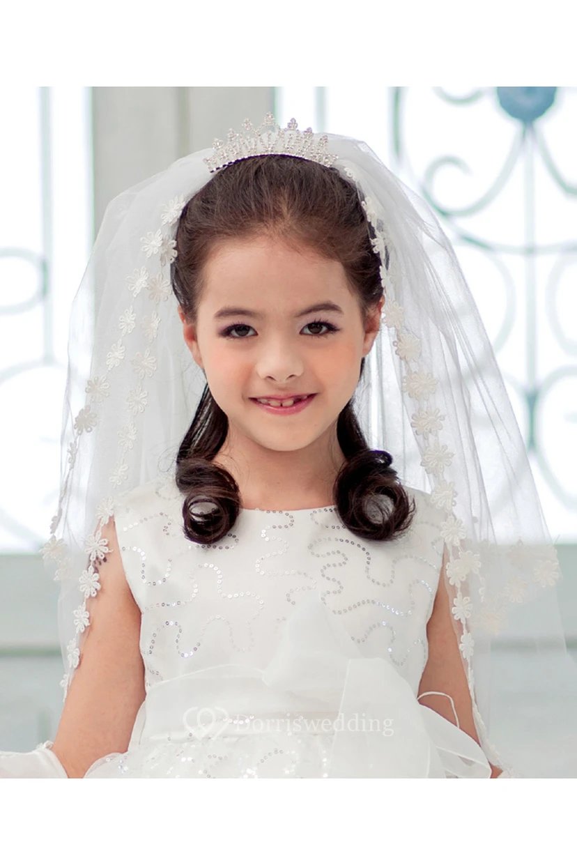 Princess Crown Flower Applique Tulle Flower Girl Veil Accessories view 3