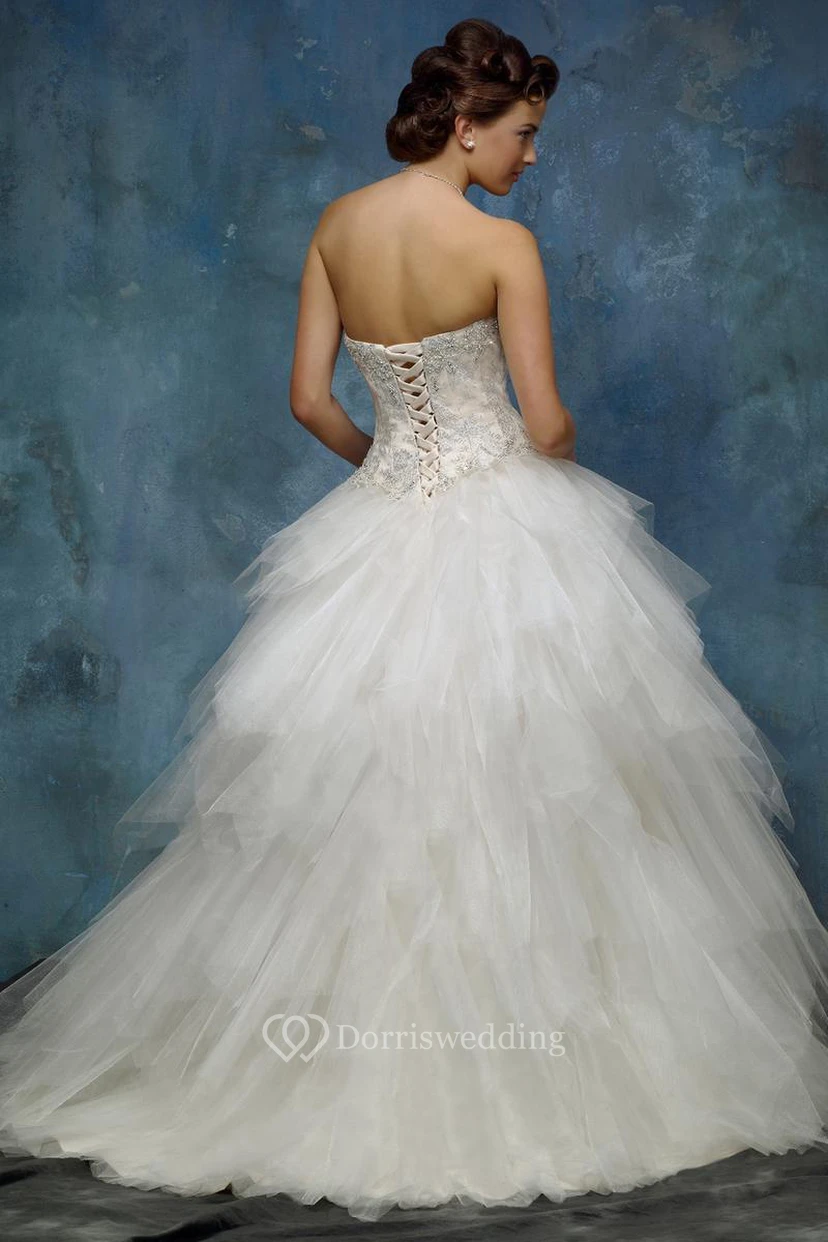 A-Line Ball-Gown Sweetheart Floor-Length Sleeveless Cascading-Ruffle Tulle Wedding Dress With Beading And Lace-Up Back view 2