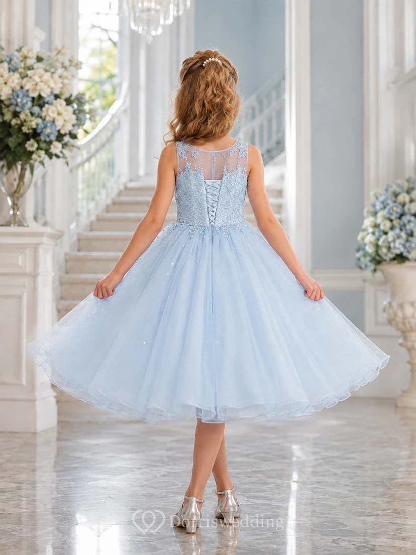 Sky Blue Bateau Illusion Beaded Lace Sequined Tulle Tea-Length Ball Gown Flowergirl Dress view 2