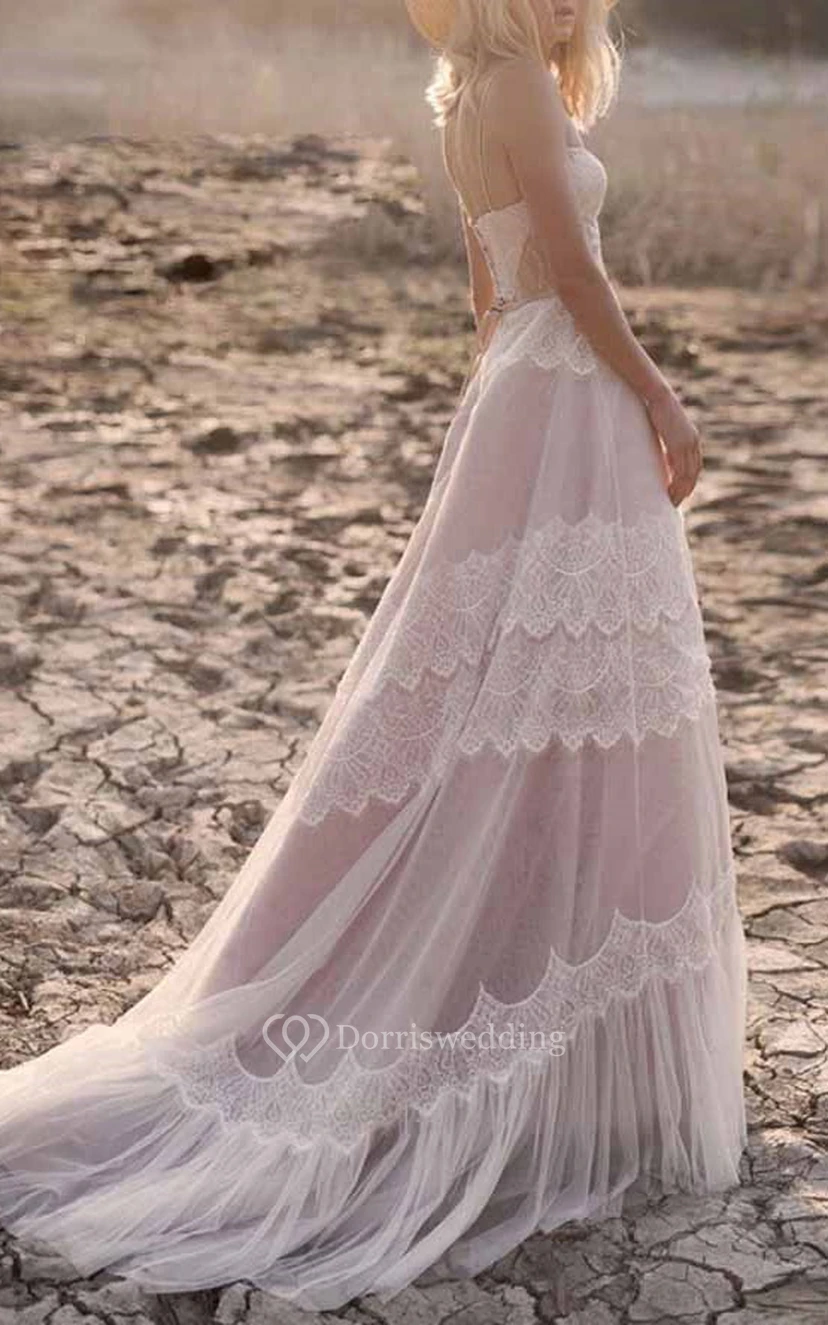 Lässiges Spaghetti-Brautkleid in Blush, Bohemian Country Empire A-Linie view 2