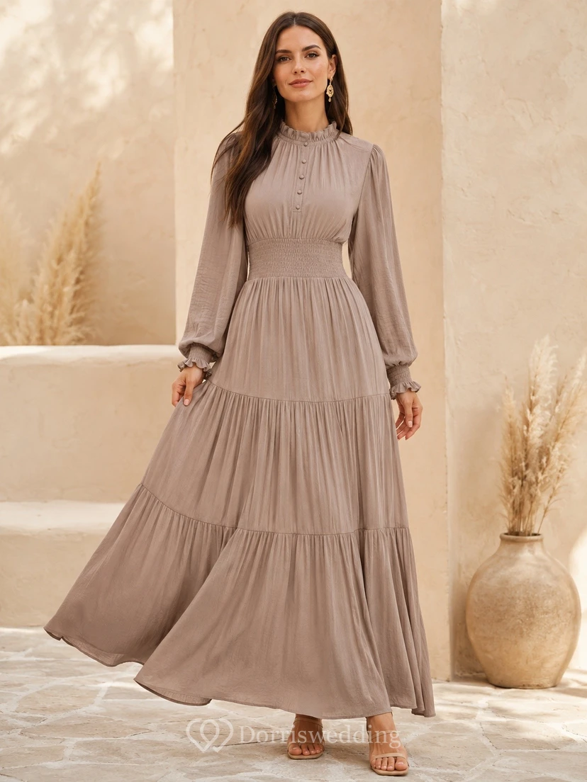 Long Sleeve Modest High Neck A-Line Tiered Taupe Formal Evening Dress