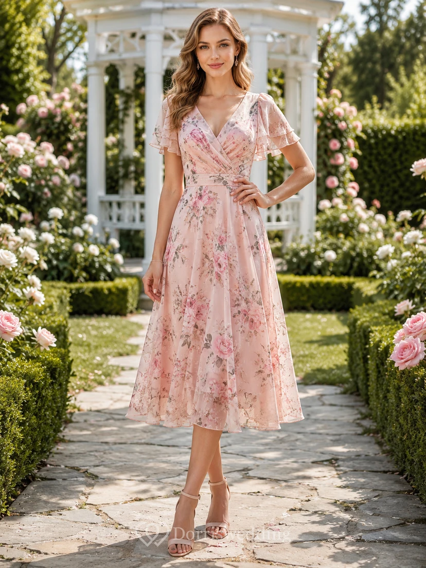 Blush Floral Print V-neck Tea-length A-Line Guest Dress