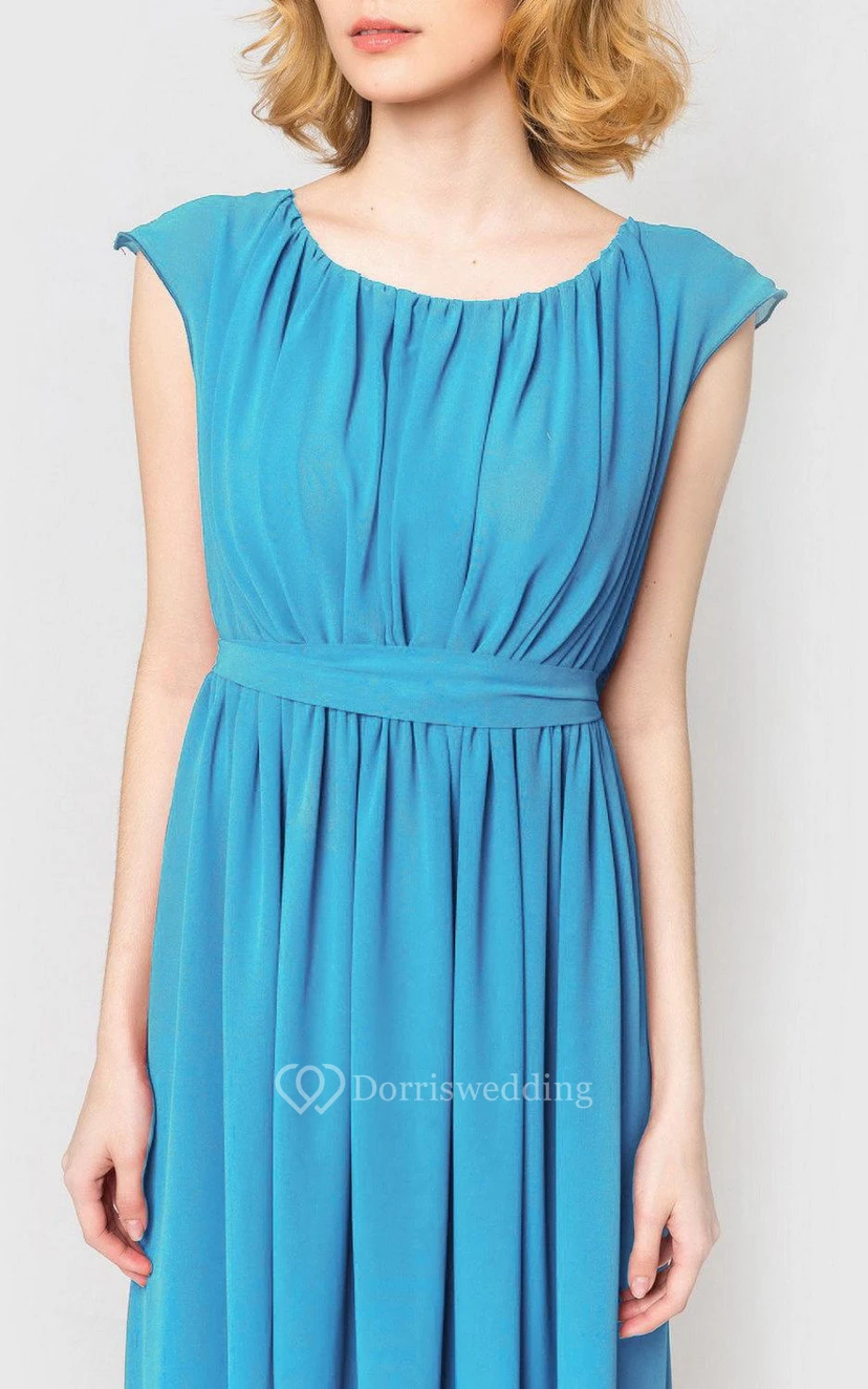 Scoop Neck Cap Sleeve Pleated A-line Chiffon Ankle Length Dress Sky Blue view 3