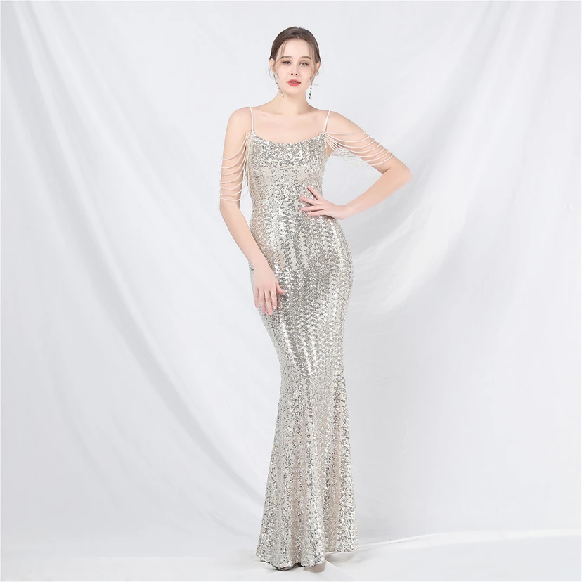 Robe de soirée longue à sequins et perles fantaisie view 2