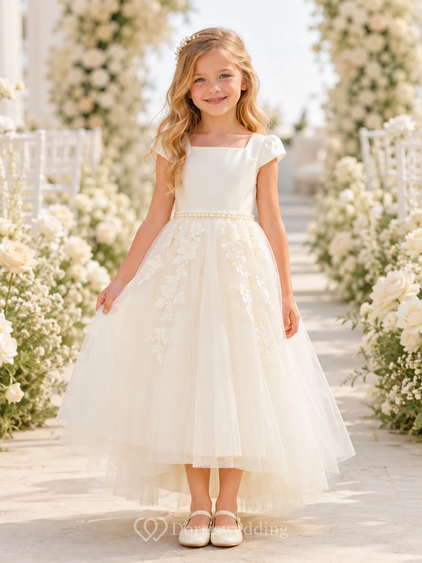 Flower Girl Dress Ivory Lace Tulle A-Line Short Sleeve Scoop Neck Tea Length