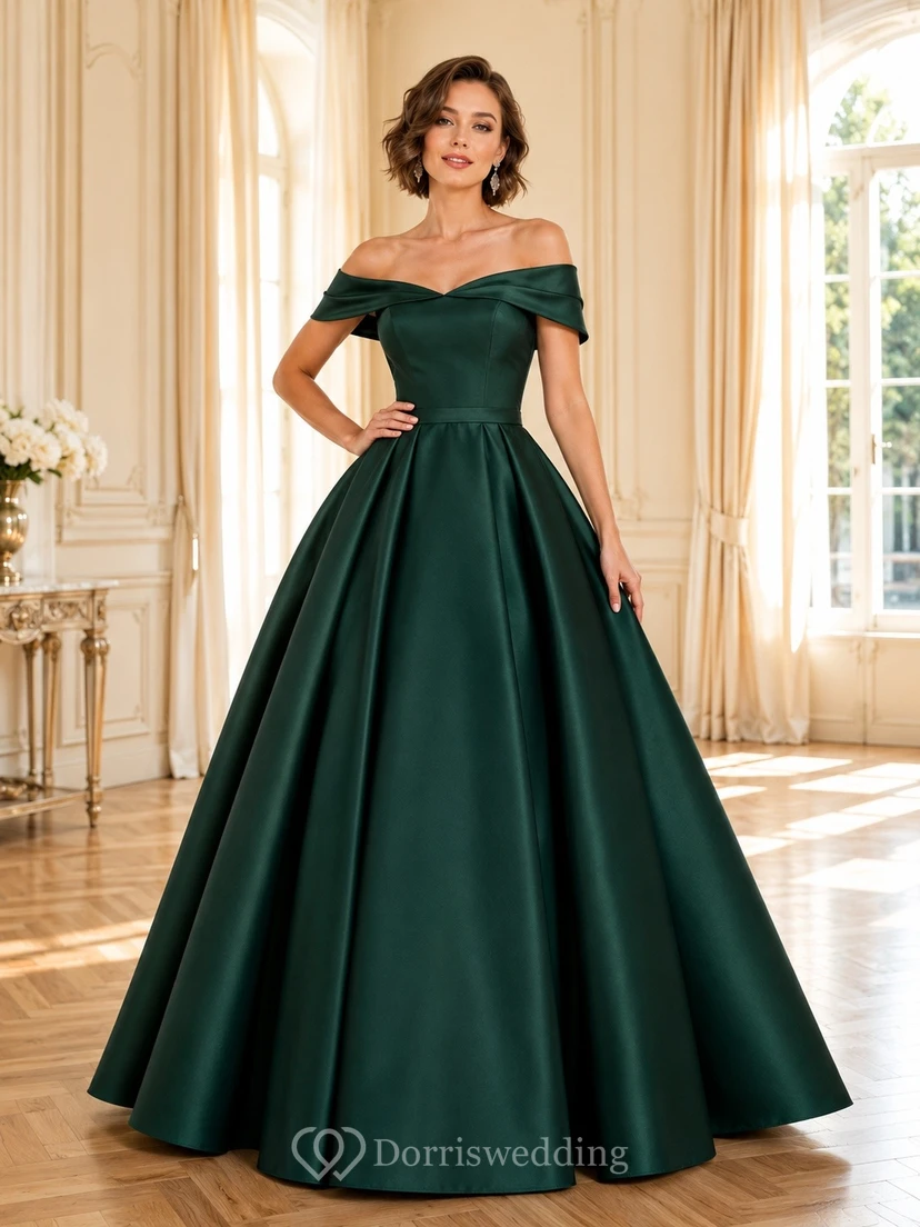 Vestido de fiesta largo de satén verde oscuro de lujo, con hombros descubiertos y manga corta.