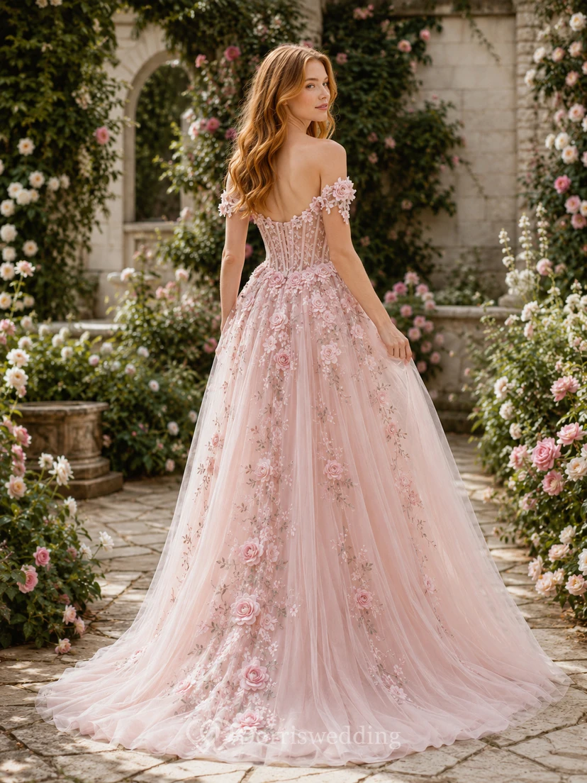 Rosafarbenes, schulterfreies A-Linien-Brautkleid mit 3D-Blumenmuster im Gartenstil view 2