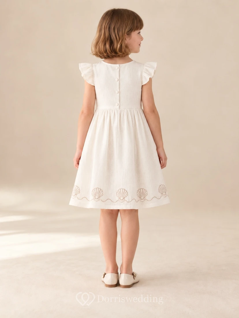 Modest Ivory Knee Length Coastal Embroidered Border Full Flutter Sleeve Beach Flower Girl Dress