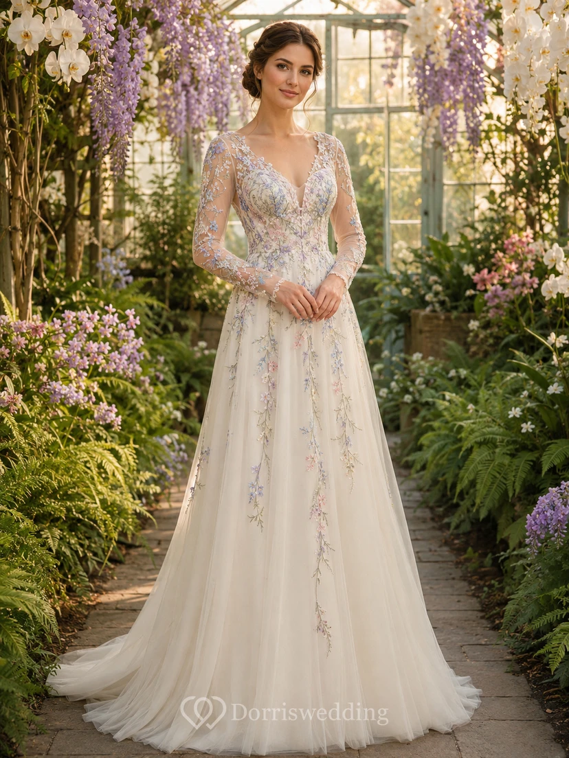 Robe de mariée en tulle pastel brodé à manches longues, style serre