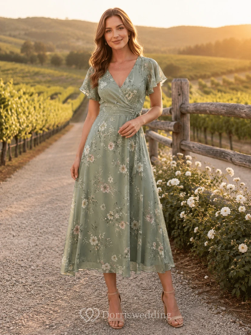 Vestido de cóctel formal para invitada de boda o dama de honor de Sage Rustic Vineyard, corte A, largo hasta la rodilla, escote en V, manga corta, gasa, estampado floral, bordado, cremallera trasera.