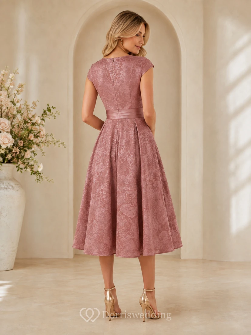 Vestido de invitada de corte A, largo midi, largo midi, con escote en V, manga corta, fajín/cinta de encaje, color rosa empolvado. view 2