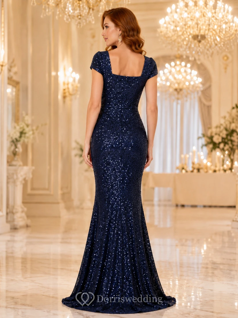 Robe de soirée bleu marine foncé, coupe sirène, longueur au sol, col carré, manches courtes, sequins, fermeture éclair au dos. view 2