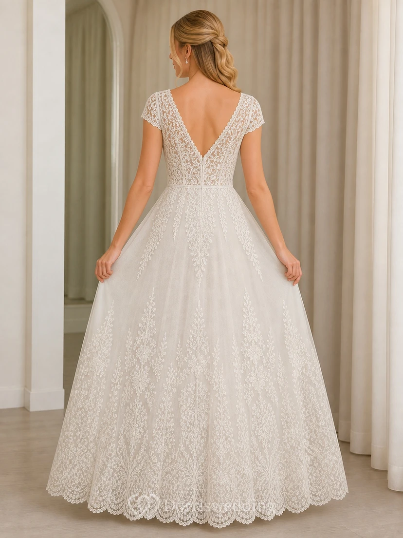 Vestido de novia de princesa talla grande con escote en V, encaje y mangas cortas view 2