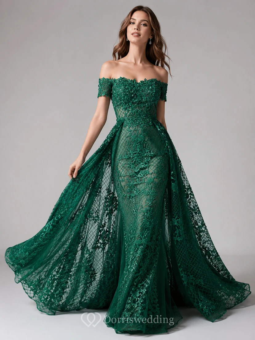 Robe de soirée élégante trapèze en dentelle, traîne brossée, sans manches, fermeture éclair et perles view 3