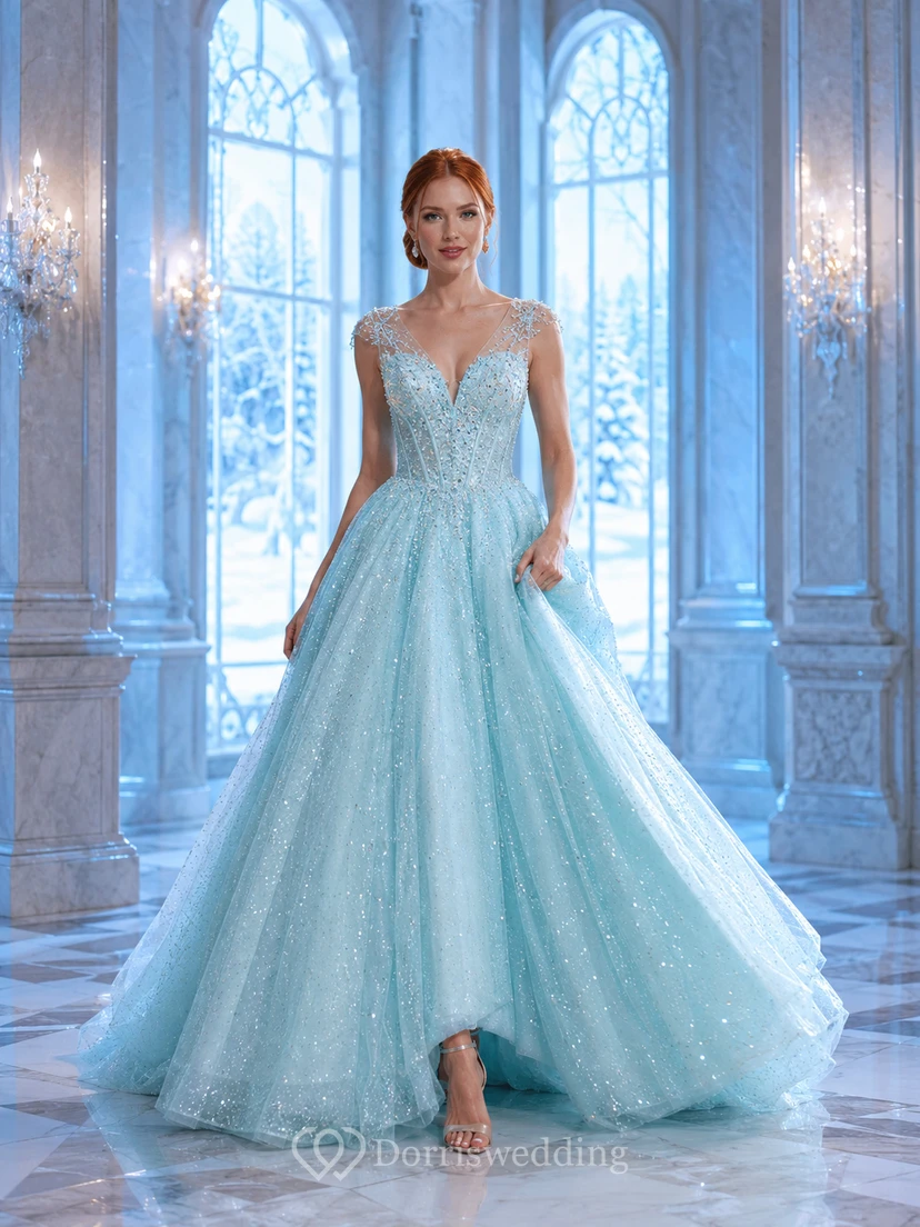 Robe de quinceañera moderne en tulle pailleté vert menthe, col en V et bretelles fines, inspirée du palais d'hiver.