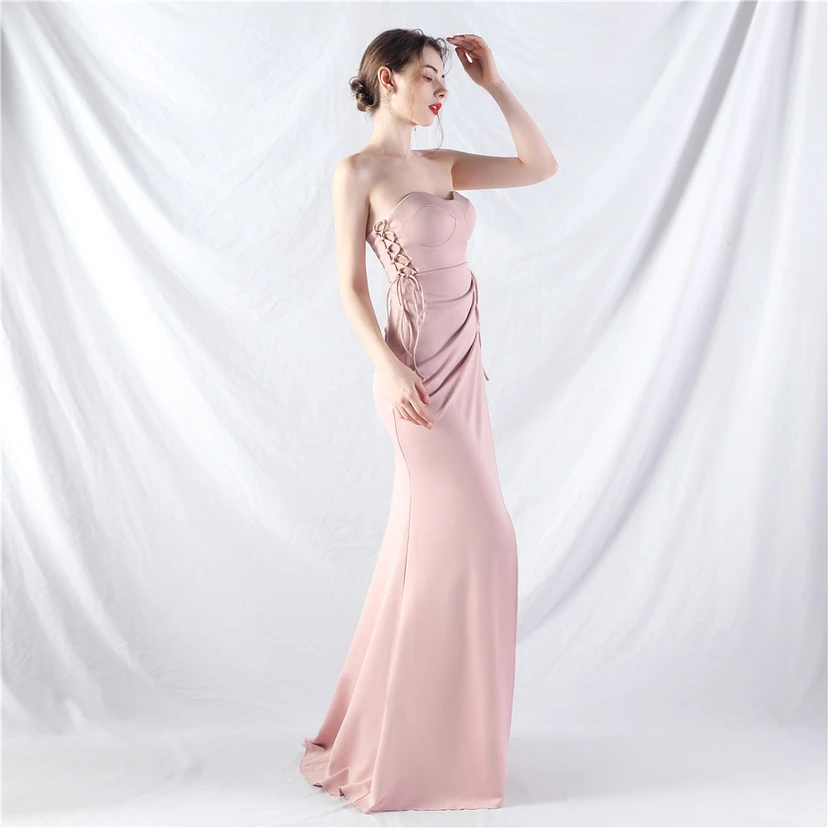 Vestido de noche de satén con cintura y orejas fijas, nueva tendencia, con dos métodos de atado de cuerda. view 33
